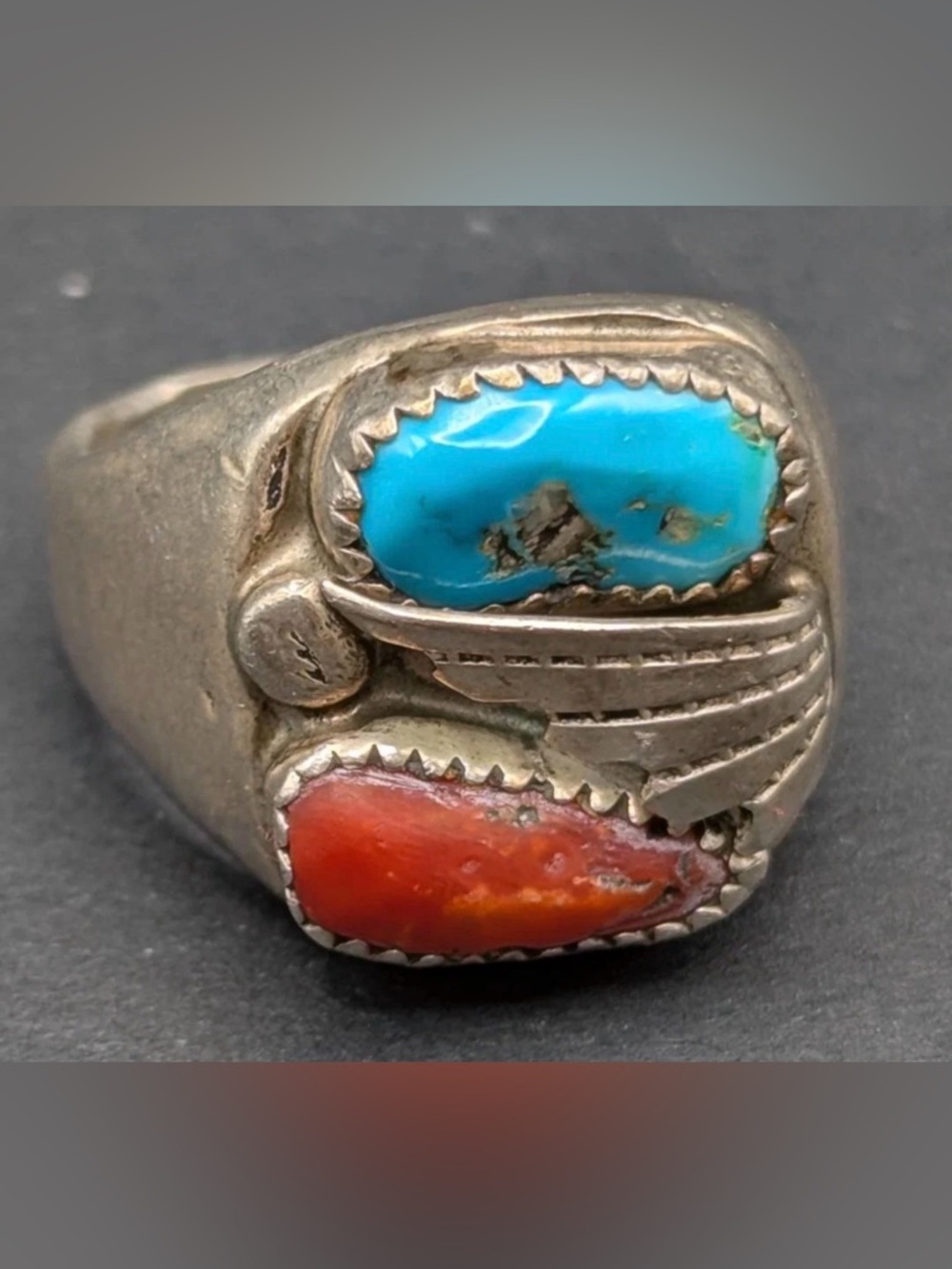 Vintage Sterling Silver Navajo Men’s Ring| Turquoise and Red Coral|Size 11.5|